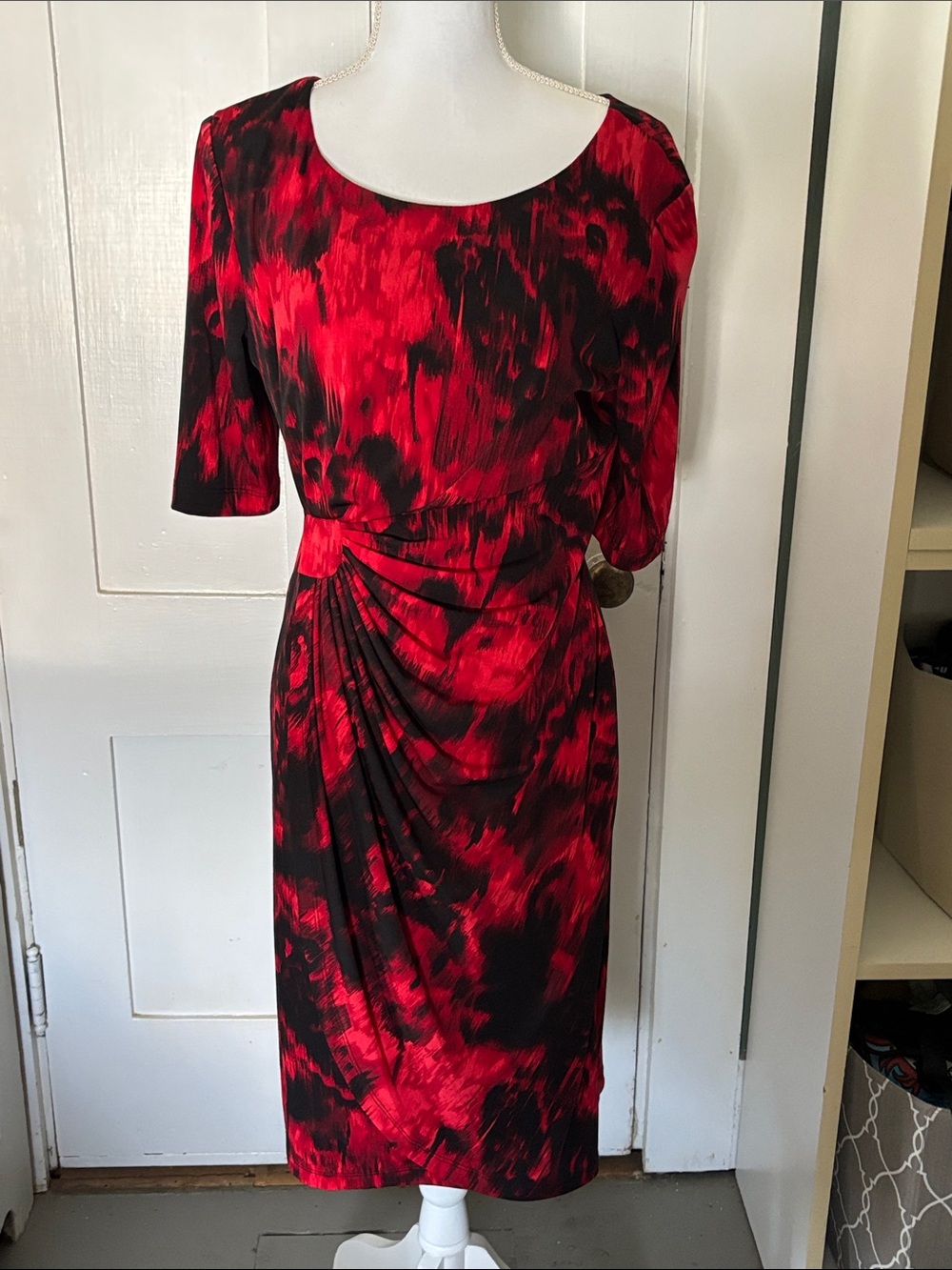 connected apparel Red and Black Abstract Ruched Midi Dress